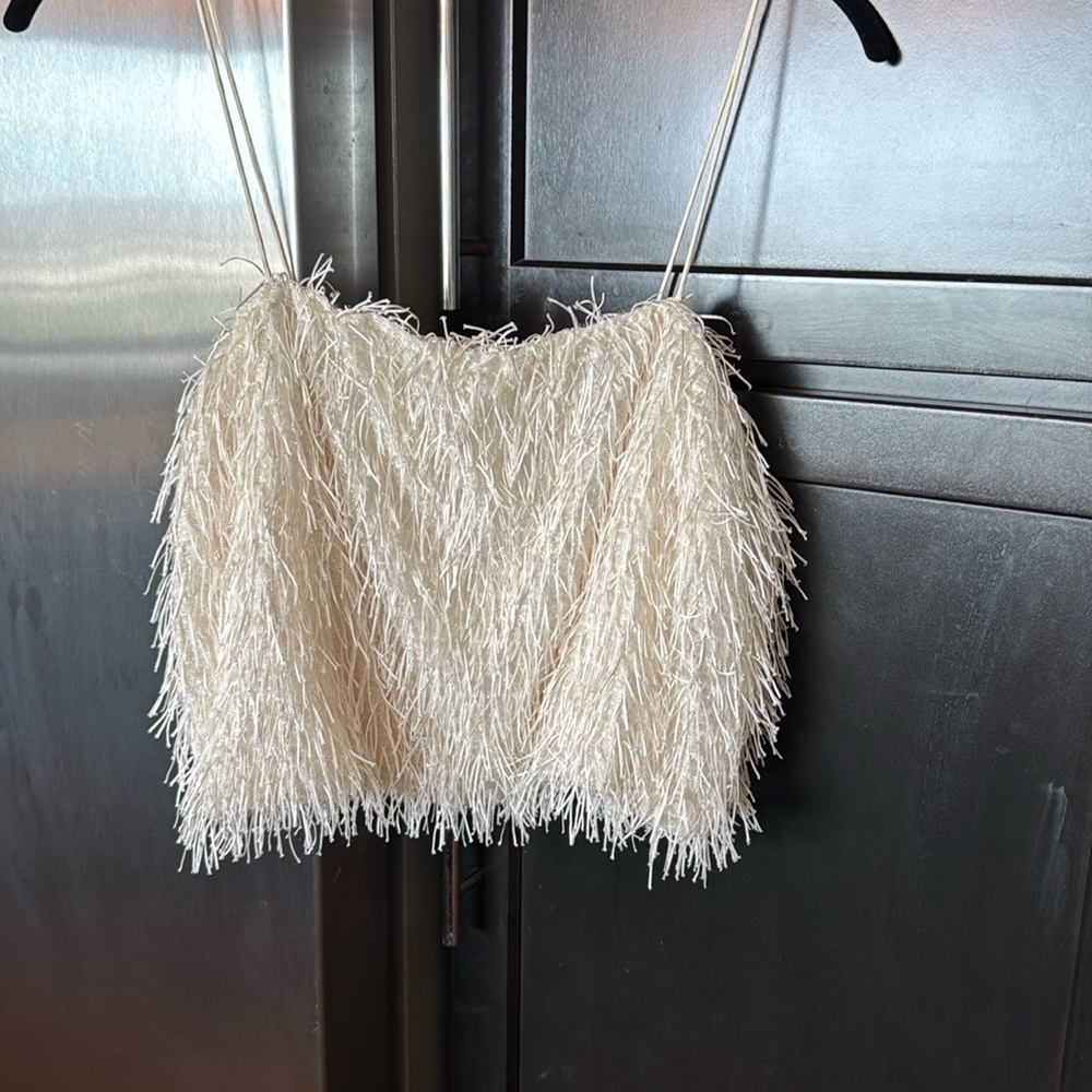 Anthropologie Cream Fringe Crop Top